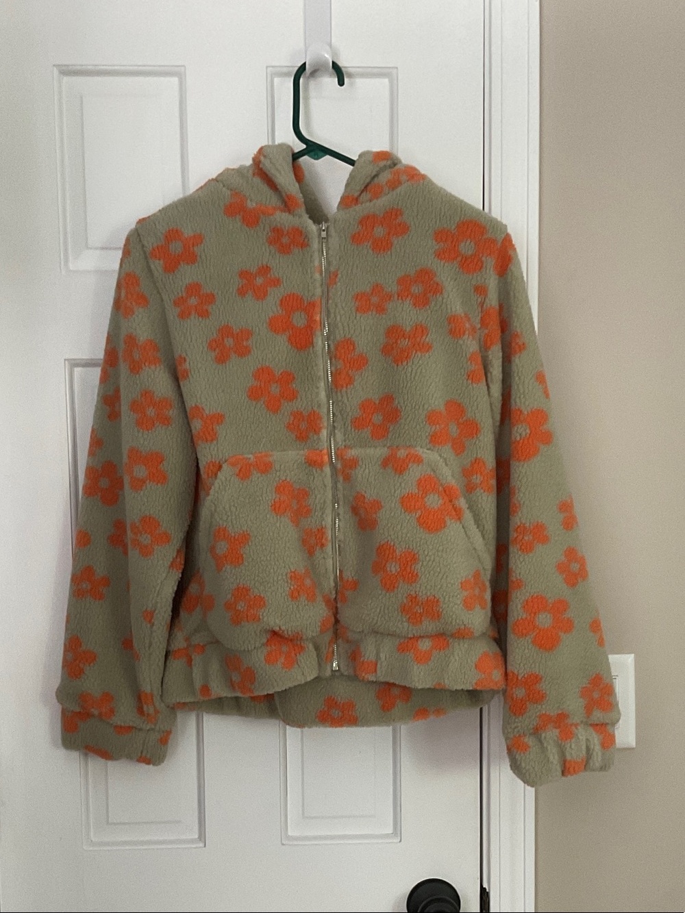 Girls' Hooded Sherpa Zip-Up Jacket in Tan with Orange Floral Print